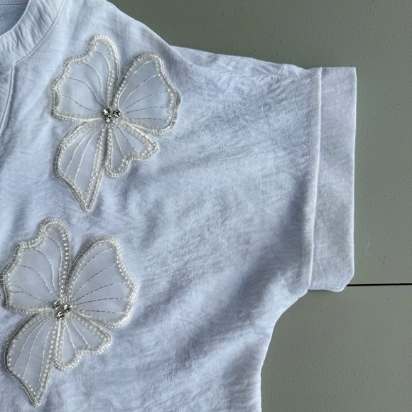 Ava & Grace Petite White Floral Applique Beaded Short Sleeve Blouse PL NEW - Picture 4 of 7
